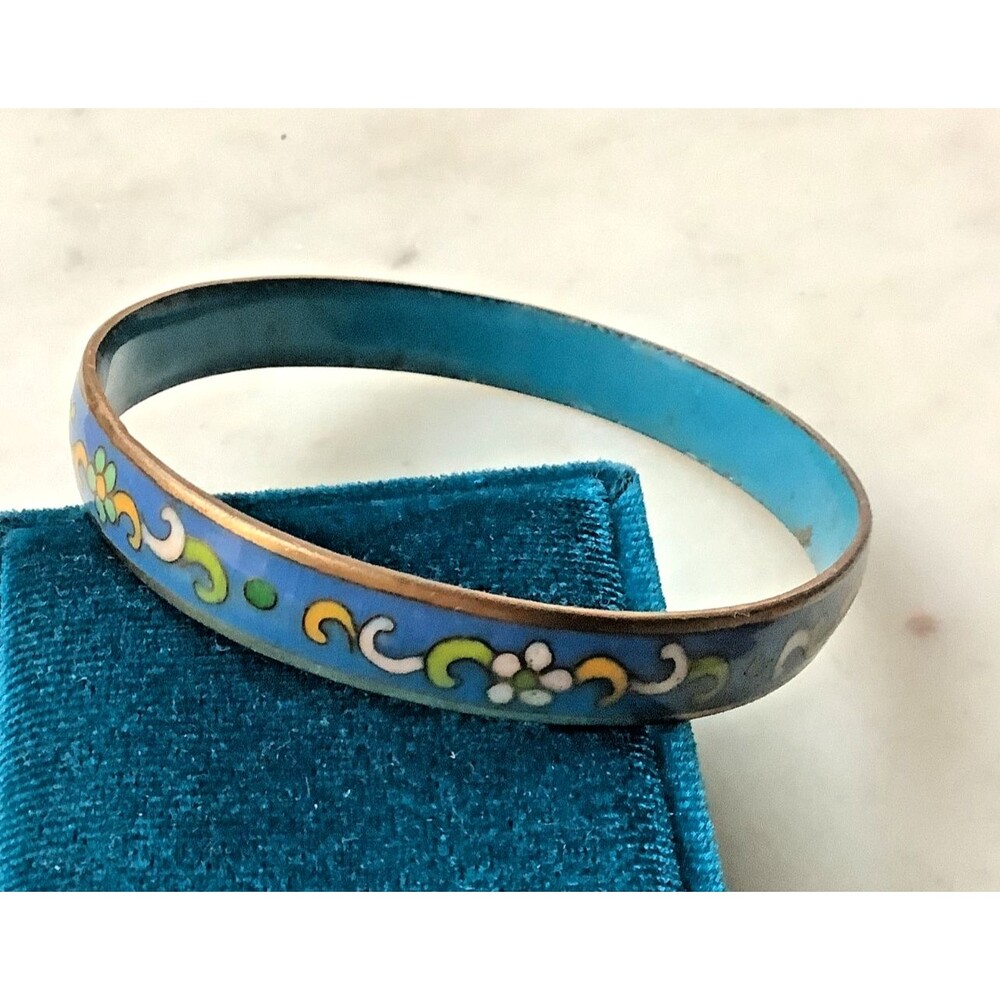Vintage Cloisonne Bangle Authentic Blue Pink Floral Yellow Green Bracelet